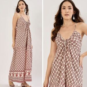 Sim & Sam Natural Rust Border SL Halter V Neck Linen Maxi Dress NWT Medium